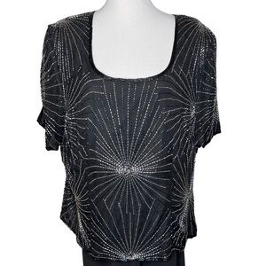 Vintage 80’s Papell Black Silk Beaded Scoop Neck Short Sleeve Cocktail Blouse 3X